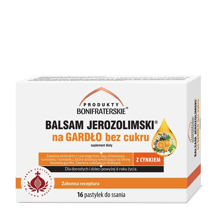 Balsam Jerozolimski® na Gardło bez cukru (16 szt.) Zakonna receptura z porostem islandzkim, dziewanną i cynkiem. Łagodzi chrypkę, nawilża błony śluzowe i wspiera odporność. Przyjemny pomarańczowy smak, bezpieczny dla diabetyków. Skuteczne wsparcie ziół.