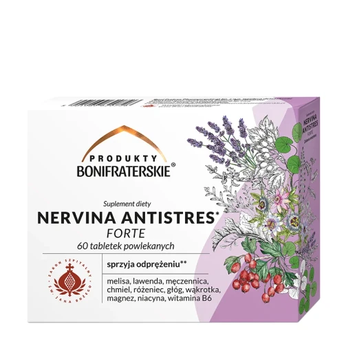 Opakowanie Nervina Antistres Forte 60 tab. od Produktów Bonifraterskich. Pudełko z grafiką ziół: lawendy, melisy i głogu. Widoczna nazwa produktu oraz skład: różeniec, chmiel, męczennica i magnez.  Suplement diety na stres i napięcie nerwowe.