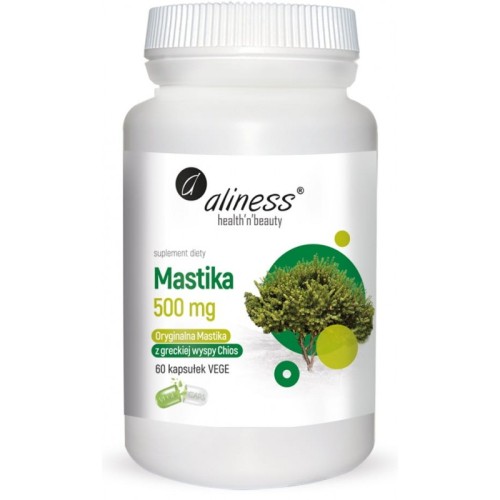 Opakowanie Mastika Chios 500 mg kapsułki Aliness – naturalne wsparcie trawienia i żołądka, 60 kapsułek. Żywica z drzewa Pistacia lentiscus, pomocna w leczeniu helicobacter pyroli.