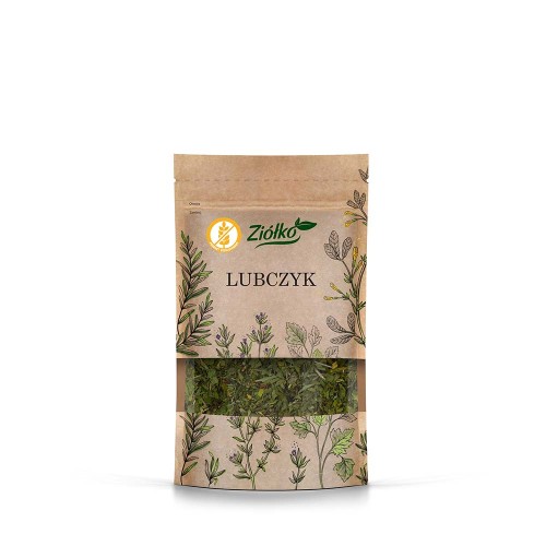 Papierowa torebka z zamknięciem strunowym Lubczyku od Ziółko, 20 gramów. Wsparcie trawienie, pomoc w utrzymaniu zdrowego układu moczowego, aromatyczna przyprawa do zup, bulionów i sosów.