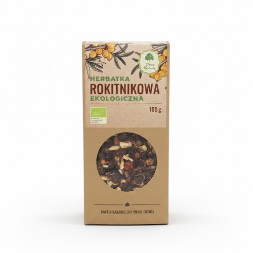 herbatka rokitnikowa ekologiczna DARY NATURY.jpgEkologiczna herbatka rokitnikowa Dary Natury 100 g – suszone owoce rokitnika w opakowaniu kartonowym