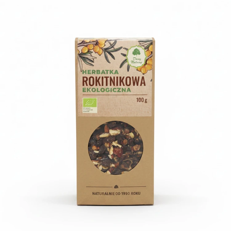herbatka rokitnikowa ekologiczna DARY NATURY.jpgEkologiczna herbatka rokitnikowa Dary Natury 100 g – suszone owoce rokitnika w opakowaniu kartonowym