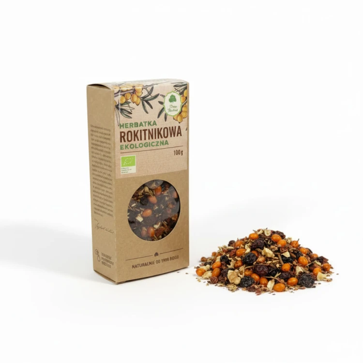 Ekologiczna herbatka rokitnikowa Dary Natury 100 g – suszone owoce rokitnika w opakowaniu kartonowym