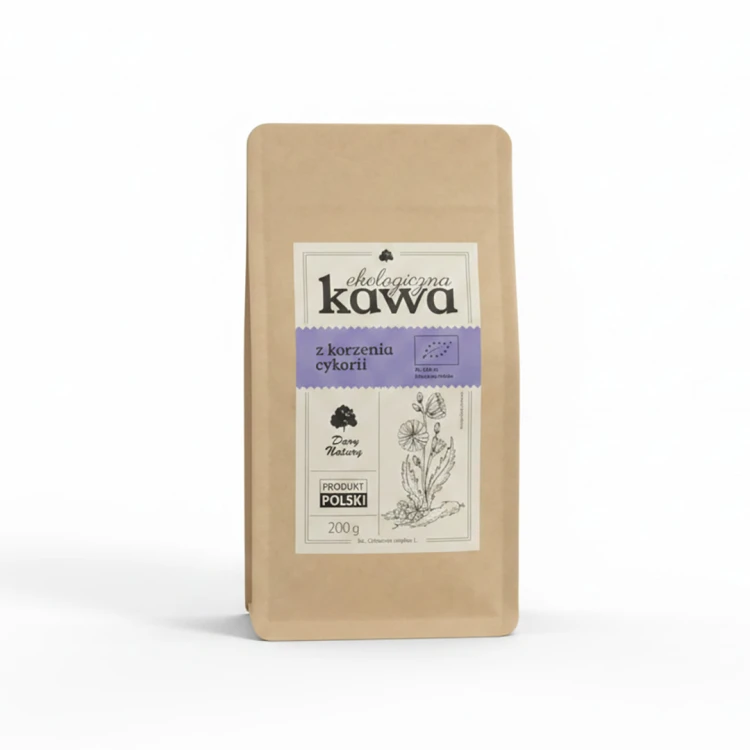 Ekologiczna kawa z korzenia cykorii Dary Natury 200 g – naturalna alternatywa dla tradycyjnej kawy, bez kofeiny, wspierająca trawienie.