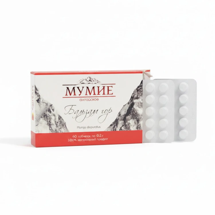 Mumio Ałtajskie „Balsam Gór” 60 tabletek – 100% naturalny suplement z gór Ałtaju, wspiera odporność, witalność i regenerację.
