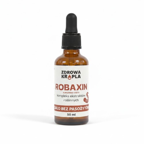 Butelka  ciemnego szkła z zakraplaczem z preparatem ROBAXIN Kompleks ziołowy 50 ml – naturalny ekstrakt z czarnego orzecha, piołunu i tymianku marki Zdrowa Kropla