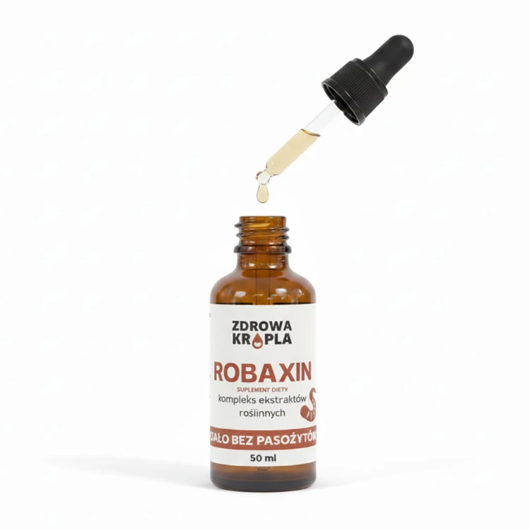 Butelka  ciemnego szkła z zakraplaczem z preparatem ROBAXIN Kompleks ziołowy 50 ml – naturalny ekstrakt z czarnego orzecha, piołunu i tymianku marki Zdrowa Kropla