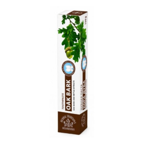 Opakowanie pasty do zębów Herbal Traditions z korą dębu 150g – naturalna pasta z ekstraktem z kory dębu, pokrzywy i olejkiem miętowym, chroni przed próchnicą, redukuje krwawienie dziąseł i zapobiega kamieniowi nazębnemu.