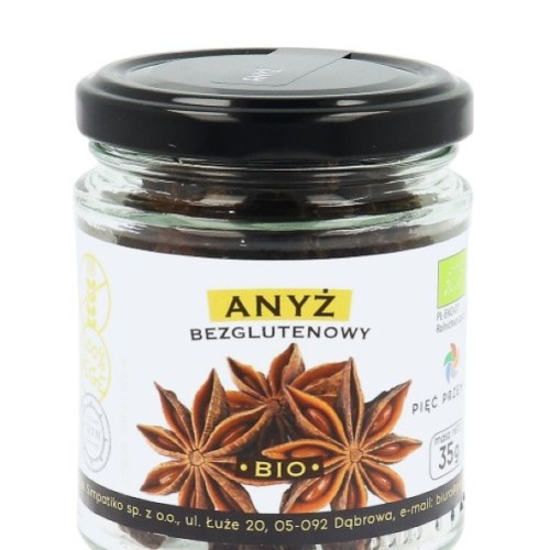 Ekologiczne gwiazdki anyżu bezglutenowego BIO 35g marki Pięć Przemian w szklanym słoiczku. Aromatyczny dodatek do herbat, czekolady, wypieków, mięs. Wspomaga trawienie.