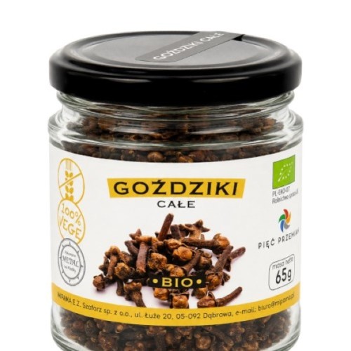 Ekologiczne goździki całe BIO 65g marki Pięć Przemian w szklanym słoiku. Aromatyczny dodatek do mięs, ciast, grzańców. Wykazuje działanie przeciwbakteryjne.