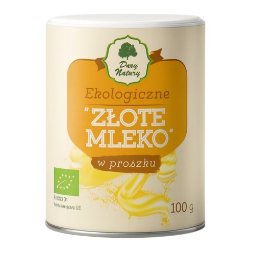 Ekologiczne Złote Mleko w proszku BIO 100g Dary Natury w kartonowej puszce. Rozgrzewa, wspiera odporność.