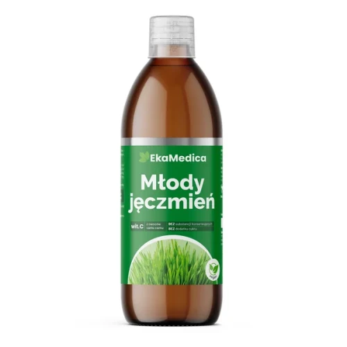 Sok z pędów młodego jęczmienia 0,5l EkaMedika w ciemnej szklanej butelce. Wspomaga oczyszczenie organizmu, prawidłowy metabolizm.