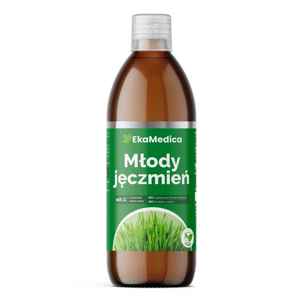 Sok z pędów młodego jęczmienia 0,5l EkaMedika w ciemnej szklanej butelce. Wspomaga oczyszczenie organizmu, prawidłowy metabolizm.