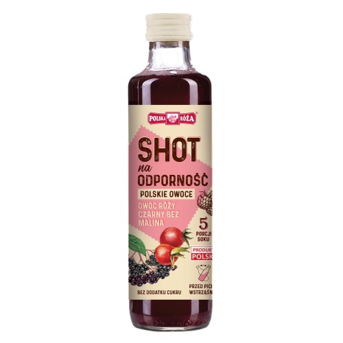 Szklana butelka Shot na odporność Polskie owoce Polska Róża 250 ml. Opakowanie zawiera 5 porcji produktu, dzienna dawka 50 ml. Sok NFC: malina, czarny bez, dzika róża.