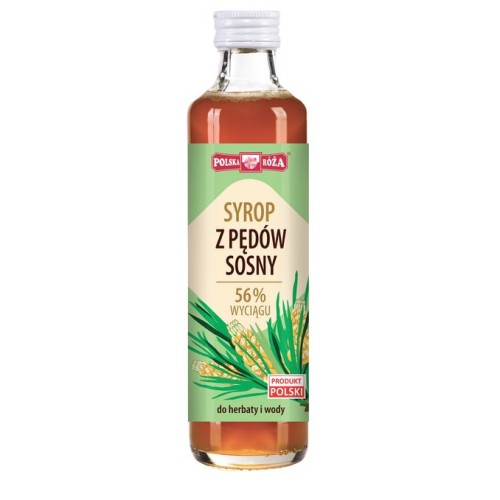 Szklana butelka z syropem z pędów sosny od Polskiej Róży 250 ml. Wspomag zdrowie górnych dróg oddechowych
