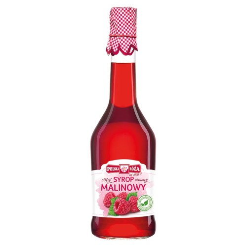 Szklana butelka z syropem malinowym Polska Róża 500 ml. Świetny jako dodatek do herbaty, lemoniady, rozgrzewający napój dla dzieci i dorosłych. Zawiera 37% soku z malin.
