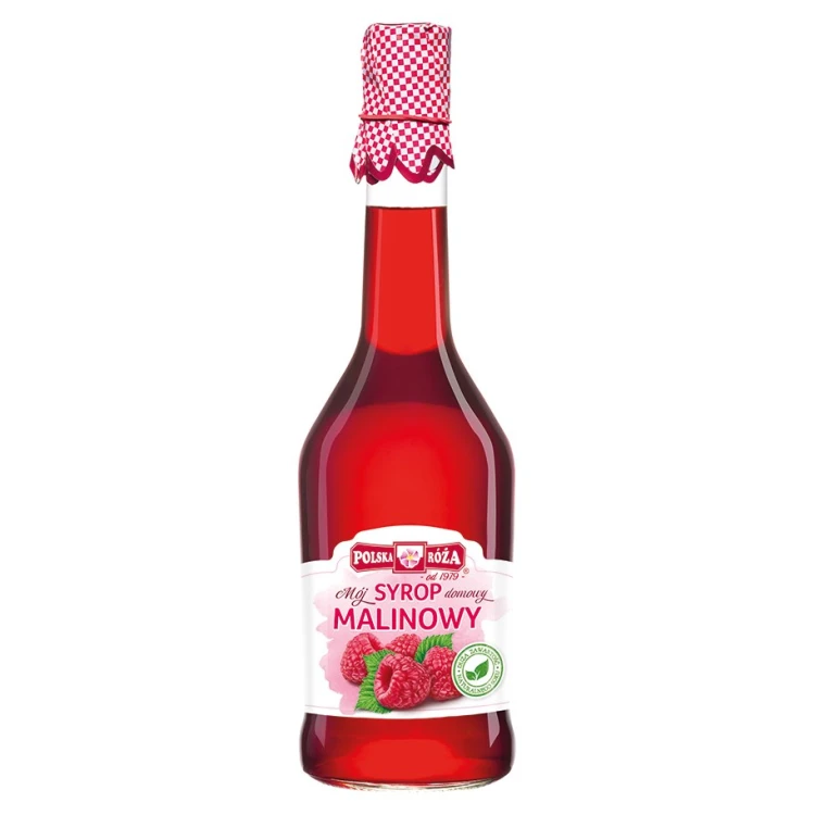 Szklana butelka z syropem malinowym Polska Róża 500 ml. Świetny jako dodatek do herbaty, lemoniady, rozgrzewający napój dla dzieci i dorosłych. Zawiera 37% soku z malin.