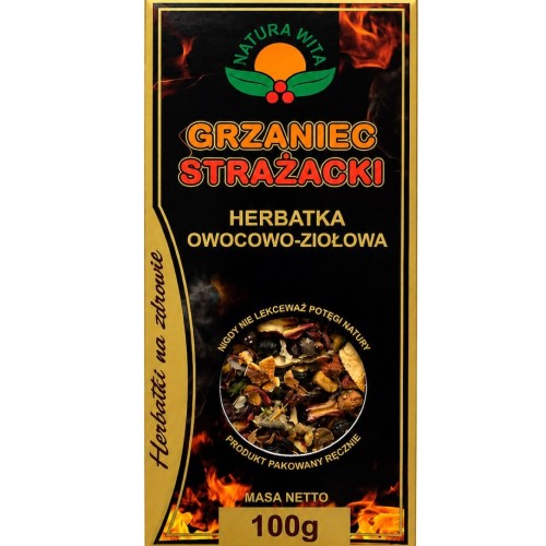 Kartonowe opakowanie Herbatki Grzaniec Strażacki Natura-Wita 100 g. Aromatyczna mieszanka hibiskusa, dzikiej róży, jabłka, pomarańczy, imbiru i goździków. Idealna na chłodne dni.
