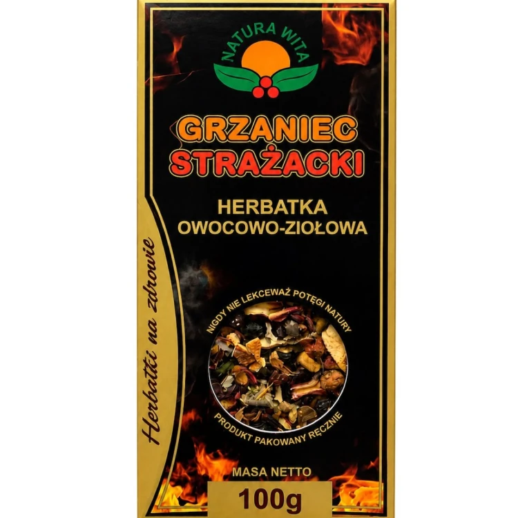 Kartonowe opakowanie Herbatki Grzaniec Strażacki Natura-Wita 100 g. Aromatyczna mieszanka hibiskusa, dzikiej róży, jabłka, pomarańczy, imbiru i goździków. Idealna na chłodne dni.