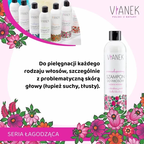 zdjęcie produktu z informacją, że do pielęgnacji każdego rodzaju włosów, szczególnie do skóry głowy z łupieżem suchym i tłustym.