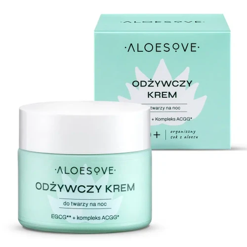 Słoiczek Szklany z kremem odżywczym do twarzy na noc Aloesove intensywnie regeneruje i odżywia skórę podczas snu. Z naturalnymi olejami, masłem Shea i koenzymem Q10 poprawia elastyczność i przygotowuje cerę na kolejny dzień.