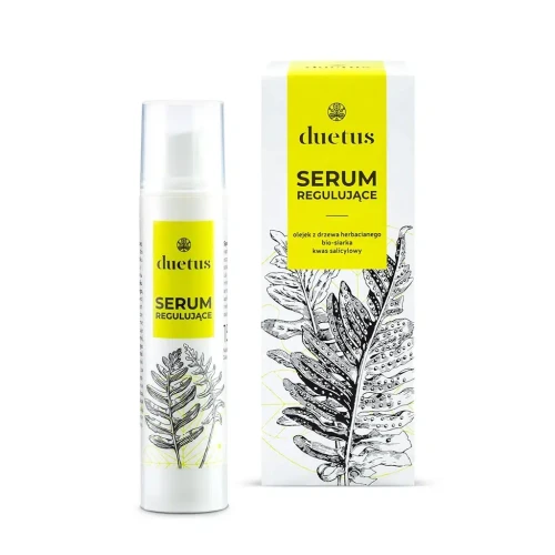 Serum regulujące Duetus z olejkiem z drzewa herbacianego, kwasem salicylowym i bio-siarką skutecznie redukuje wypryski, przebarwienia i nadmiar sebum. Nawilża, regeneruje i matuje skórę z niedoskonałościami, łagodząc podrażnienia.
