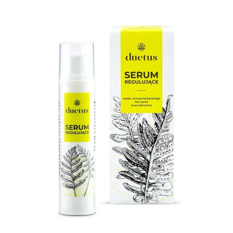Serum regulujące Duetus z olejkiem z drzewa herbacianego, kwasem salicylowym i bio-siarką skutecznie redukuje wypryski, przebarwienia i nadmiar sebum. Nawilża, regeneruje i matuje skórę z niedoskonałościami, łagodząc podrażnienia.