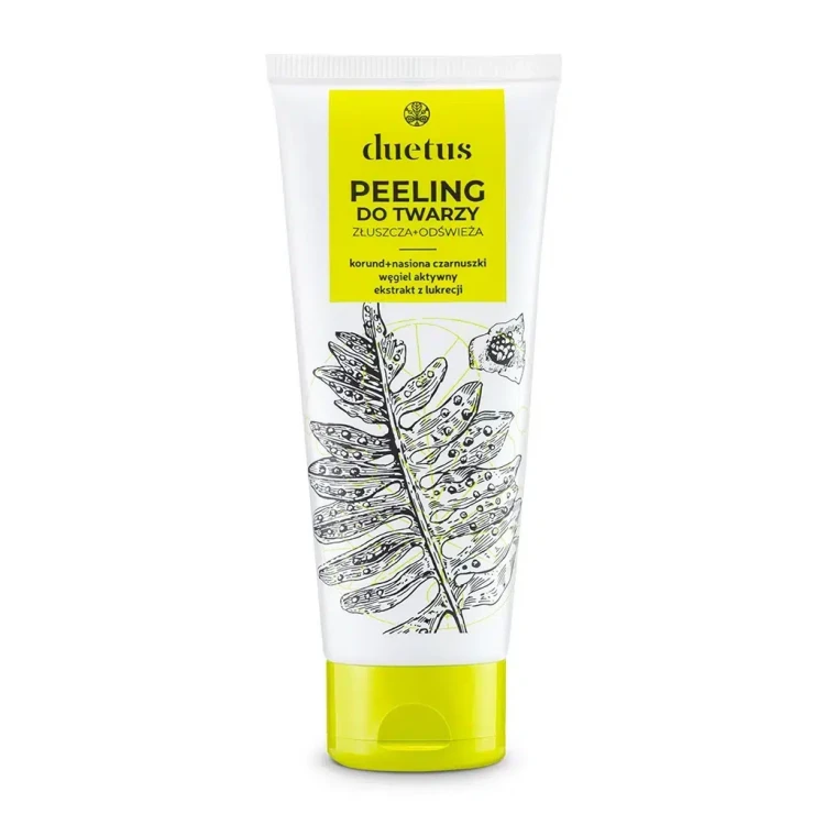 Peeling do twarzy Duetus z węglem aktywnym, korundem i olejem z czarnuszki delikatnie złuszcza, oczyszcza pory i wygładza skórę. Idealny do cery mieszanej i problematycznej. Naturalne składniki, świeży zapach.