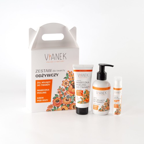 Zestaw Odżywczy Vianek do twarzy zawiera żel myjący, maseczkę-peeling i krem pod oczy. Kompleksowo odżywia, nawilża i regeneruje skórę, poprawiając jej kondycję i promienny wygląd. Idealny do codziennej pielęgnacji i jako prezent.