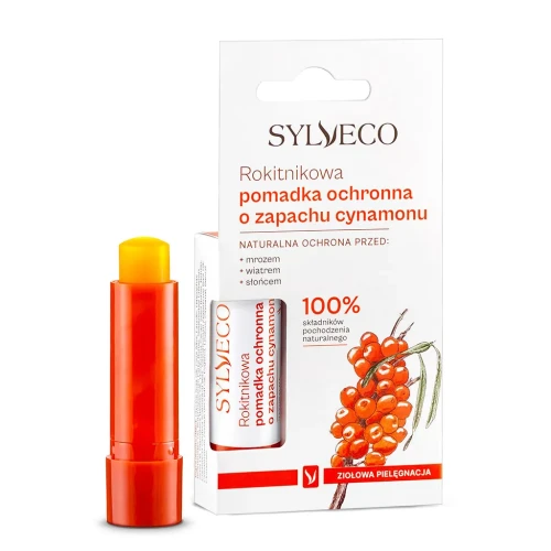 Rokitnikowa pomadka ochronna Sylveco z naturalnymi olejami i masłami intensywnie nawilża, regeneruje i chroni usta przed wiatrem, słońcem i mrozem. Ma ciepły zapach cynamonu, koi i zapobiega pękaniu.