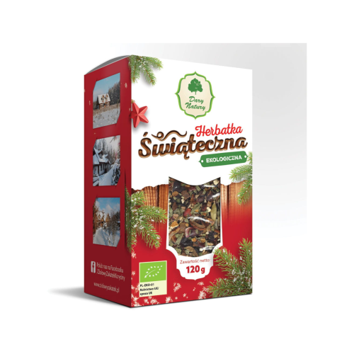 Ekologiczna herbatka świąteczna Dary Natury 120 g – aromatyczna mieszanka ziół i owoców o korzennym smaku, idealna na zimowe wieczory.