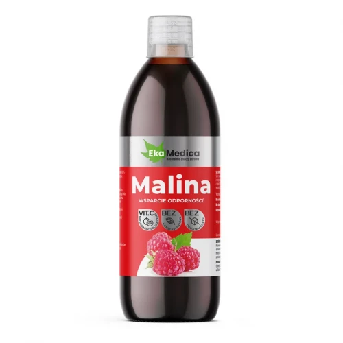 Szklana butelka z ciemnego szkła o pojemności 1 l zawierająca sok z malin – naturalny sok owocowy bez dodatku cukru, wspiera odporność i łagodzi przeziębienie.