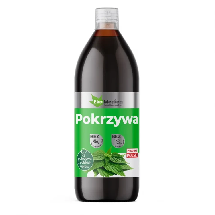 Szklana butelka z ciemnego szkła o pojemności 1 l zawierająca sok z pokrzywy – naturalny ekstrakt roślinny wspierający oczyszczanie organizmu i zdrową skórę
