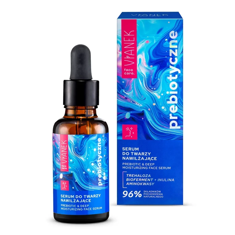 Buteleczka z zakraplaczem VIANEK Prebiotyczne Serum Nawilżające do twarzy – lekkie, bezolejowe serum z prebiotykami, idealne dla skóry suchej i wrażliwej; intensywnie nawilża, regeneruje i wzmacnia naturalną barierę ochronną skóry.