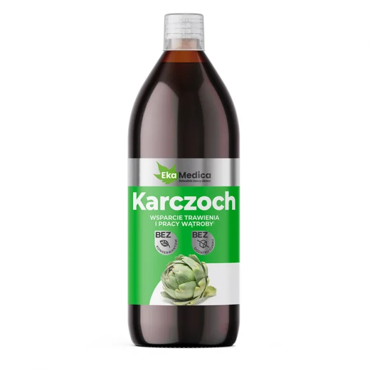 Butelka z ciemnego szkła, o pojemności 1 l zawierająca sok z karczocha – naturalne wsparcie dla wątroby i trawienia, ekstrakt z liści karczocha