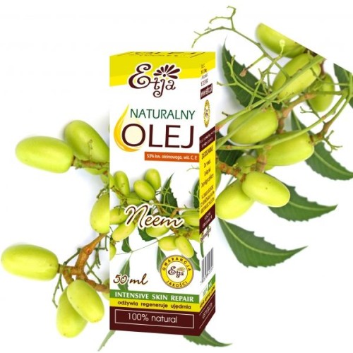 Naturalny olej Neem marki Etja w kartonowym opakowaniu 50 ml, na tle gałązki z owocami neem – produkt do pielęgnacji skóry o działaniu regenerującym i ujędrniającym.