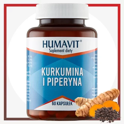 Opakowanie HUMAVIT® Kurkumina i Piperyna – suplement diety wspierający układ nerwowy, serce, wątrobę i trawienie. Zawiera kurkuminę i piperynę o wysokiej przyswajalności. Naturalne wsparcie zdrowia i odporności.