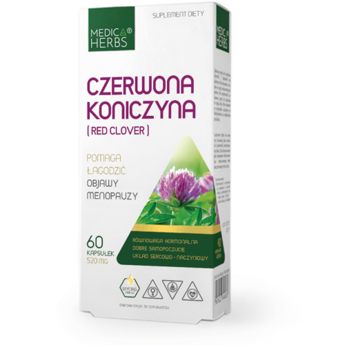 Opakowanie suplementu diety Czerwona Koniczyna (Red Clover), 520 mg, 60 kapsułek. Łagodzi objawy menopauzy, reguluje pracę układu hormonalnego.