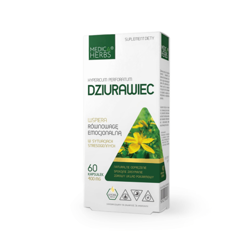 Opakowanie suplementu diety Medica Herbs Dziurawiec 400 mg, 60 kapsułek.  Wspiera równowagę emocjonalną.