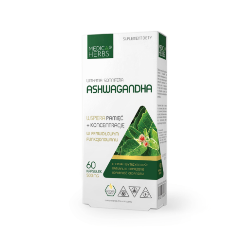 Opakowanie suplementu diety Medica Herbs Ashwagandha , 500 mg, 60 kapsułek- adaptogen dający wsparcie ciału i umysłowi.