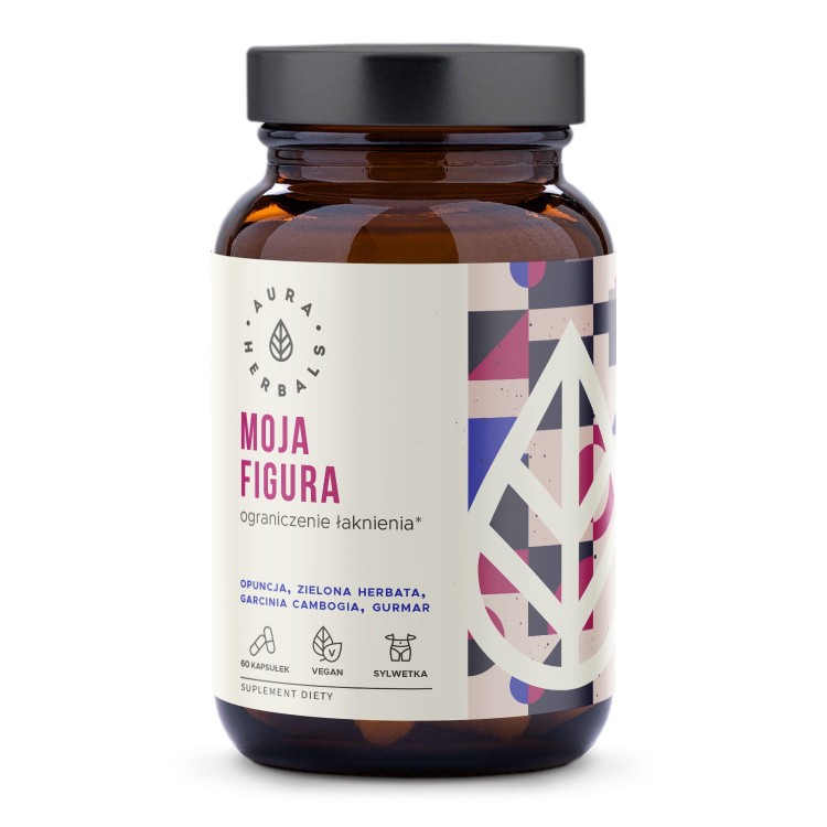 Szklana butelka z suplementem Moja Figura Aura Herbals – naturalny suplement wspierający kontrolę apetytu i metabolizm. Zawiera opuncję, garcinię i zieloną herbatę. Dla wegan.
