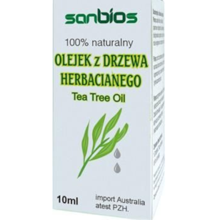 Olejek z drzewa herbacianego SANBIOS 10 ml – 100% naturalny olejek o właściwościach antyseptycznych i kojących, wspiera regenerację skóry, łagodzi skaleczenia, oparzenia, otarcia i ukąszenia, bezpieczny i przebadany dermatologicznie.