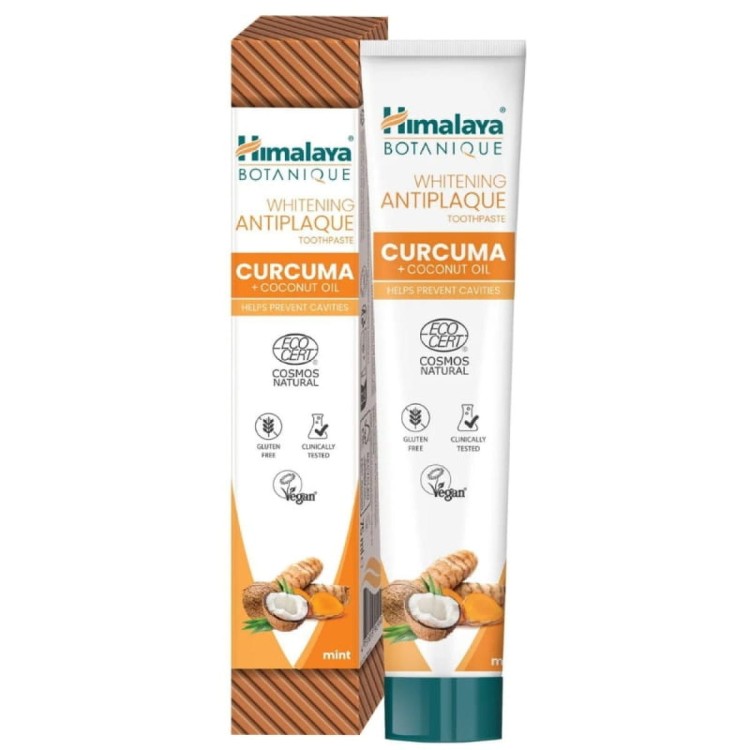Tubka z Pastą botaniczną Himalaya Curcuma + Coconut Oil 75 ml – naturalna ochrona zębów i dziąseł z kurkumą, olejem kokosowym i neem. Bez fluoru i SLS, redukuje płytkę, wspiera zdrowy uśmiech i świeży oddech każdego dnia.