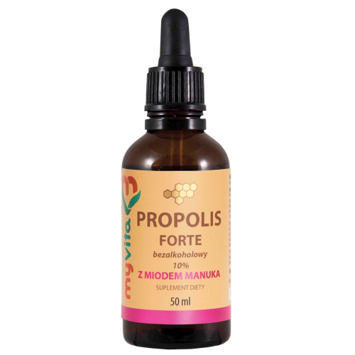 Szklana butelka z zakraplaczem Propolis Forte 10% bezalkoholowy z miodem Manuka – naturalny suplement diety wspierający odporność i zdrowie dróg oddechowych. 50 ml