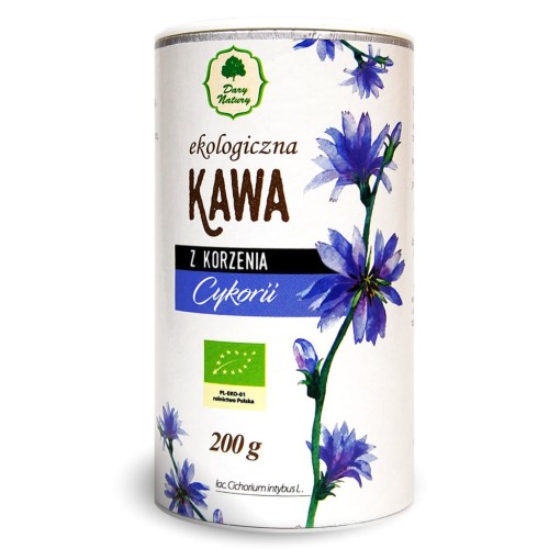 Ekologiczna kawa z korzenia cykorii Dary Natury 200 g – naturalna alternatywa dla tradycyjnej kawy, bez kofeiny, wspierająca trawienie.
