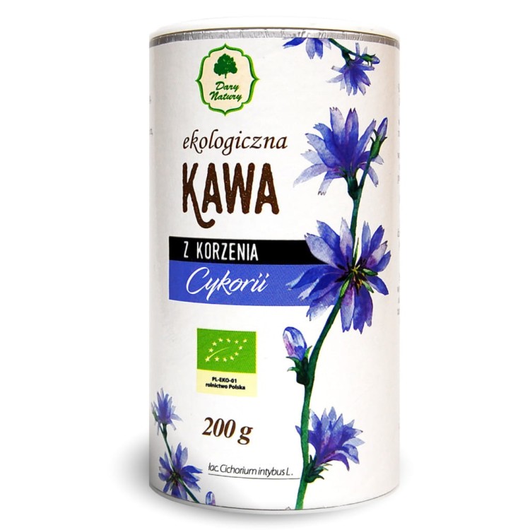 Ekologiczna kawa z korzenia cykorii Dary Natury 200 g – naturalna alternatywa dla tradycyjnej kawy, bez kofeiny, wspierająca trawienie.