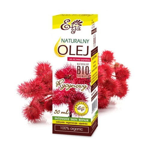 Naturalny olej rycynowy Bio marki Etja w kartonowym opakowaniu 50 ml, na tle kwiat krzewu rącznika pospolitego– produkt do pielęgnacji skóry, paznokci,  włosów, brwi i rzęs.