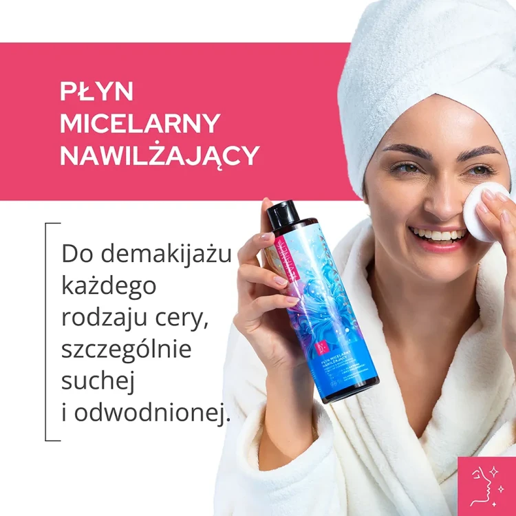 zdjęcie produktu z informacją że szczególnie odpowiedni dla skóry suchej i odwonionej, dokładnie zmywa makijaż.